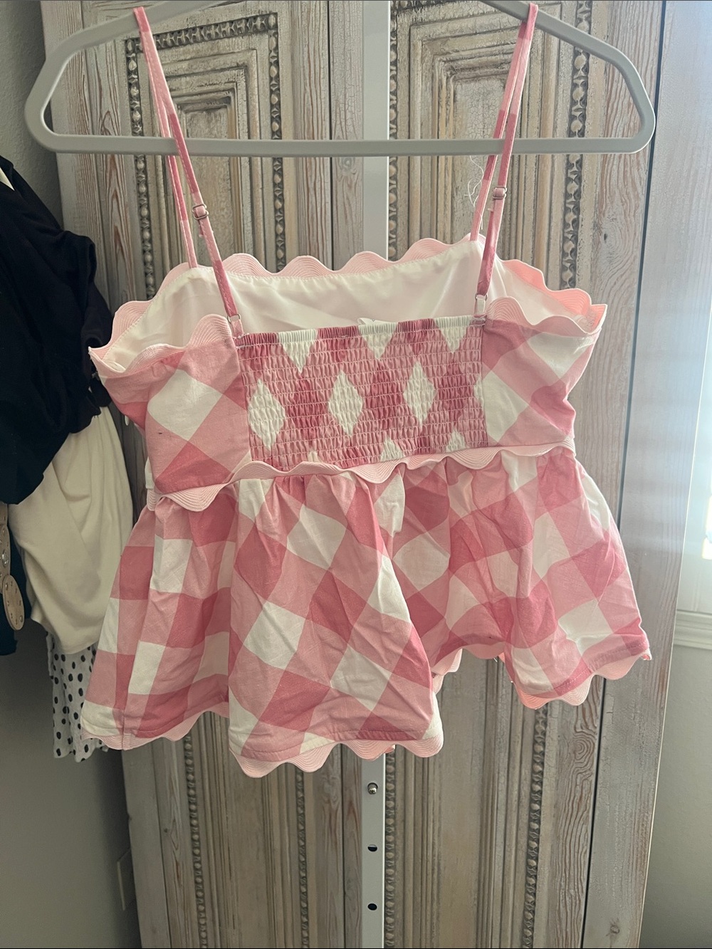 Cottage Core Peach Love California Pink and White Gingham Scallop Trim Tank Top - Picture 2 of 3